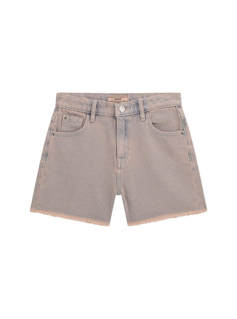 Light gray denim shorts with a frayed hem, five-pocket design, and a button closure. Features a branded label on the waistband.