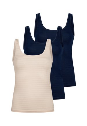 Drei ärmellose gerippte Tanktops gestapelt, eines beige vorne und zwei dunkelblaue dahinter, gezeigt auf weißem Hintergrund.