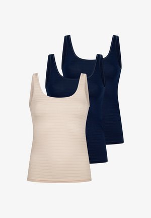 Drei ärmellose gerippte Tanktops gestapelt, eines beige vorne und zwei dunkelblaue dahinter, gezeigt auf weißem Hintergrund.