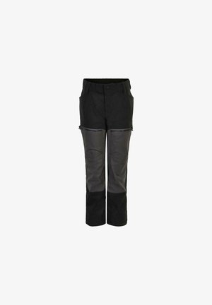 Sorte og grå bukser med sidelommer, lige pasform, design i flere materialer og cargo-lommer for funktionalitet. Glat tekstur.
