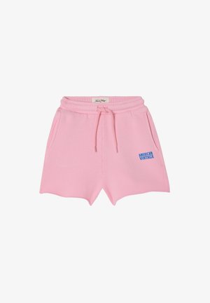 Roze katoenen short met een elastische tailleband en een trekkoord. Voorzien van zijzakken en een blauw "AMERICAN VINTAGE" logo op het linkerbeen.