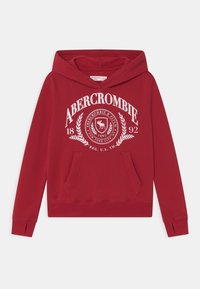 Hoodie en coton rouge avec une poche kangourou, des poignets et un ourlet côtelés. L'impression avant comprend "Abercrombie" et un détail de logo circulaire.