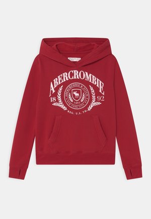 Rode katoenen hoodie met een kangoeroezak, ribgebreide manchetten en zoom. De voorkant heeft een opdruk met "Abercrombie" en een ronde logo-detail.
