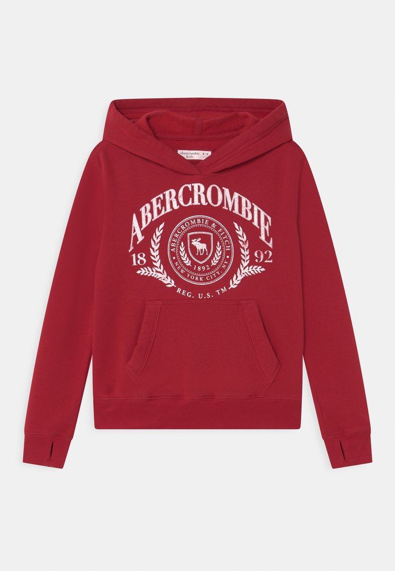 Hoodie en coton rouge avec une poche kangourou, des poignets et un ourlet côtelés. L'impression avant comprend "Abercrombie" et un détail de logo circulaire.