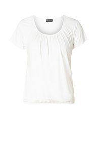 Witte t-shirt met korte mouwen en een ronde halslijn, met geplooide stofdetails op de buste en een iets losse pasvorm aan de onderkant. Glad van textuur.