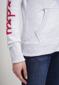 Sudadera gris con letras bordadas en rosa en la manga, puños de canalé, bolsillo tipo canguro y etiqueta de logo en el dobladillo. Textura de tela suave.