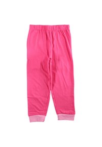 Pantalon en coton rose avec une ceinture élastique et des ourlets roses. Texture douce, coupe droite et finition lisse. Sans motifs ni éléments métalliques.