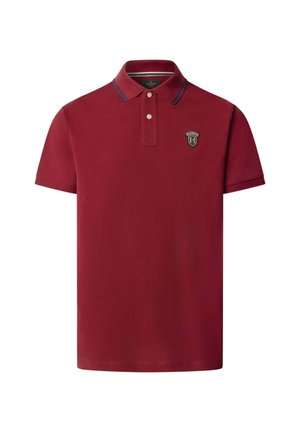 Maroon polo shirt with a ribbed texture, featuring a collar, two buttons, and a navy accent at the collar and sleeves. Includes a logo patch.