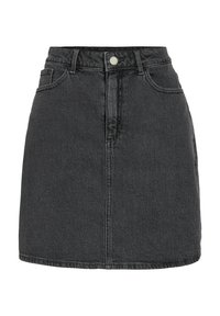 Svart denimskjørt med en tettsittende design, metallknapplukking, frontlommer og en lett A-form, med en teksturert overflate.