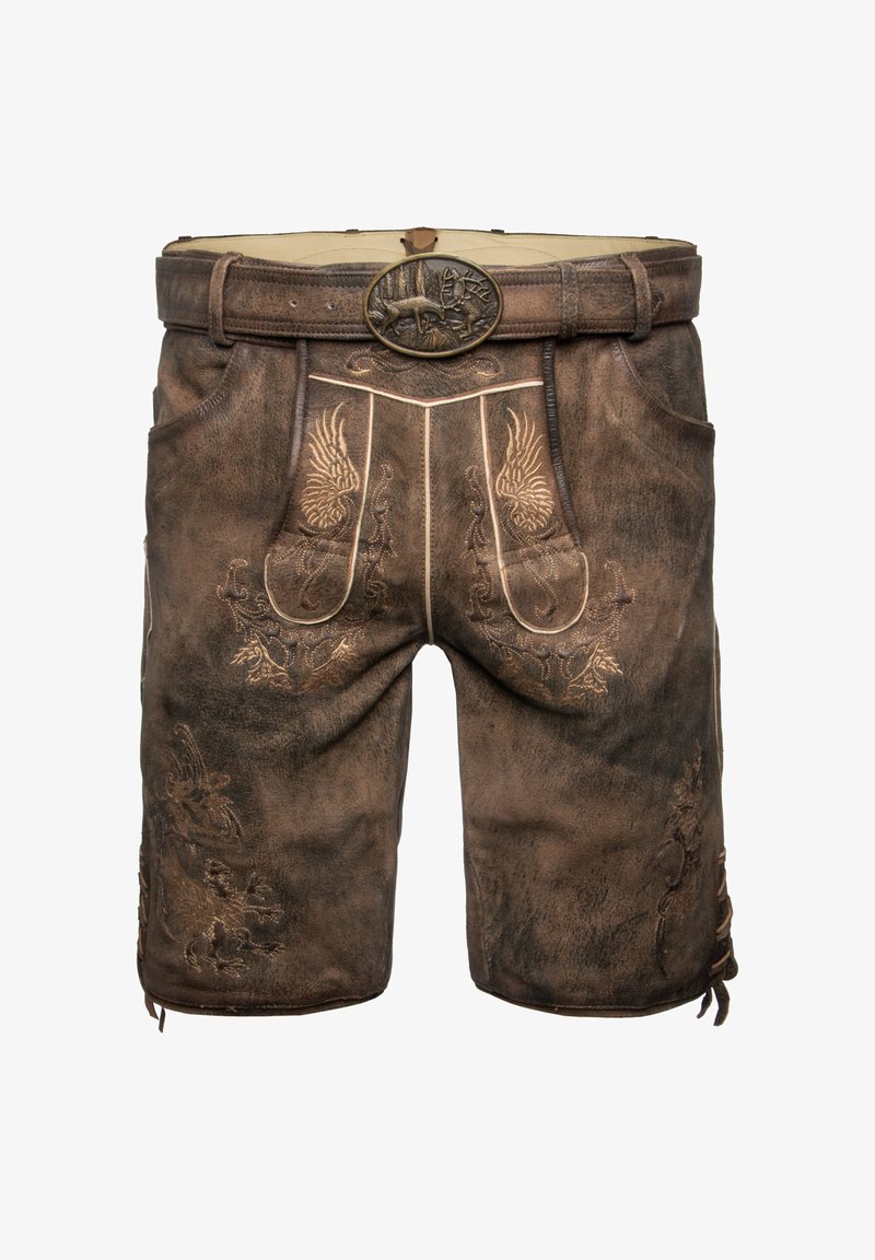 Ruske nahkashortsit, joissa on koristeellinen brodeeraus, kuvioitu vyötärönauha ja metallinen solki. Mukana taskut ja sivusiteet.