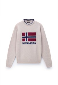 Maglione beige lavorato a maglia con collo rotondo, caratterizzato da un design con la bandiera norvegese rossa e blu sul fronte e il logo "Napapijri" sottostante.
