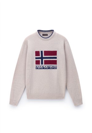 Beige gestrickter Pullover mit Rundhals, der ein rotes und blaues norwegisches Flaggenmuster auf der Vorderseite und das "Napapijri"-Logo darunter zeigt.