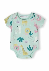 Bodysuit s kratkimi rokavi v mint zeleni barvi, okrašen z živahnimi motivi živali, vključno z žirafami, levom in želvo, z zapiranjem na dnu.
