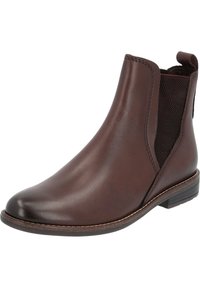 Braune Leder-Ankle-Boots mit elastischen Seiteneinsätzen, runder Zehenpartie und einem niedrigen Blockabsatz mit kontrastierender genähter Sohle.