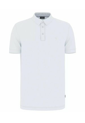 Biała koszulka polo z krótkim rękawem, trzema guzikami, kołnierzykiem oraz małym haftowanym logo na lewej piersi.