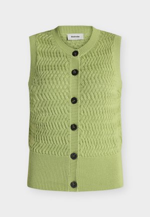 Ujjatlan világoszöld kötött mellény cikk-cakk mintával, bordázott szegéllyel, kerek nyakkivágással és hat sötét gombbal az elején.
