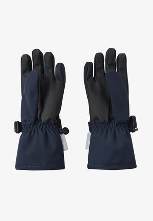 Marineblaue Handschuhe mit einem weichen Stoffäußeren und schwarzen gummierten Handflächen. Mit einem gerafften Handgelenkdesign und verstellbarem Riemen für einen sicheren Sitz.