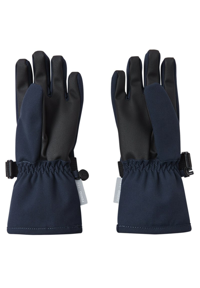 Marineblaue Handschuhe mit einem weichen Stoffäußeren und schwarzen gummierten Handflächen. Mit einem gerafften Handgelenkdesign und verstellbarem Riemen für einen sicheren Sitz.