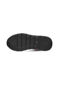Schwarze Gummisohle mit Rillen und erhöhten Punktmustern, die für Grip ausgelegt ist. Verfügt über eine abgerundete Zehenpartie und eine strukturierte Oberfläche für besseren Halt.