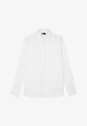 White long-sleeve shirt made of smooth fabric, featuring a classic collar, button-front closure, and cuffed sleeves with a straight hem.