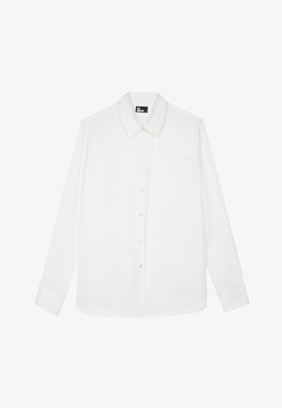 Camicia bianca a manica lunga realizzata in tessuto liscio, con colletto classico, chiusura con bottoni sul davanti e maniche con polsino e orlo dritto.