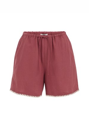Ruusuunkarvaiset rentot shortsit, joissa on joustava vyötärönauha, kiristysnyöri, sivutaskut ja valkoinen aaltoileva reunus lahkeiden reunoissa.