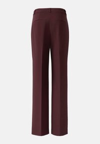 Dark burgundy tailored trousers with straight legs, belt loops, and two back welt pockets against a plain light background.