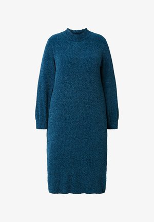 Strickkleid in Dunkelblau mit hohem, geripptem Ausschnitt und langen Ärmeln. Mit einer geraden, leicht lockeren Silhouette.