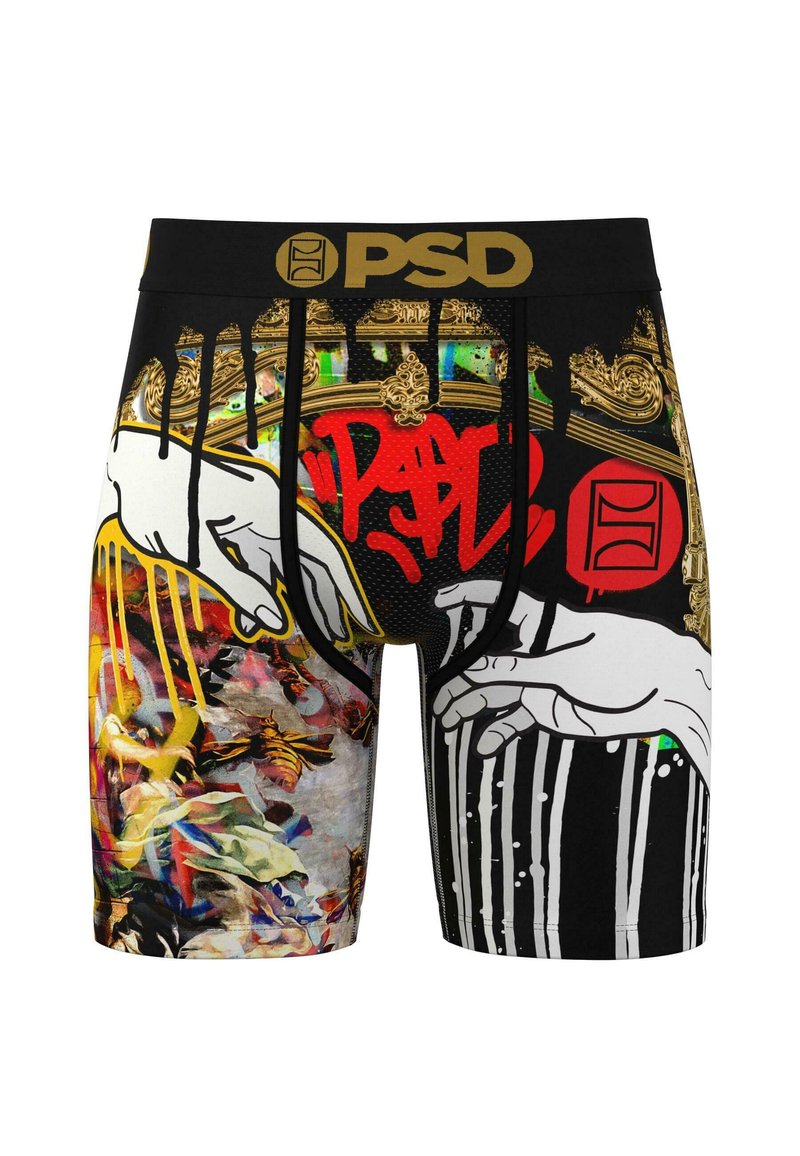 Herre boxerbriefs med svart elastisk midjebånd. Har livlige grafiske trykk av hender, fargerike sprut, og abstrakte mønstre.