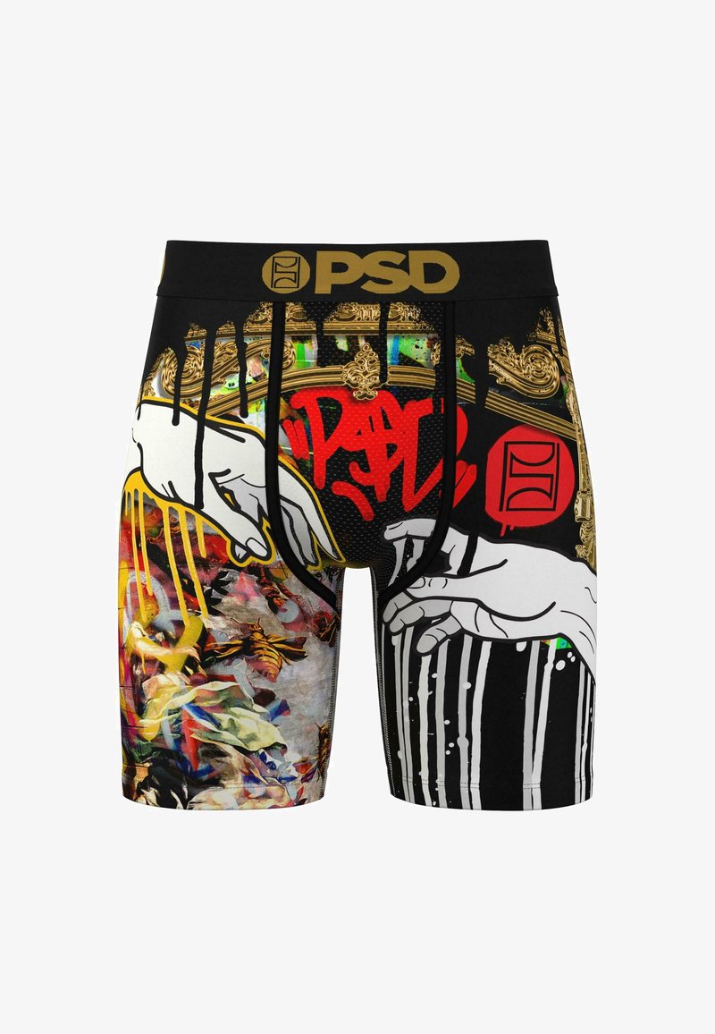 Boxers para hombres con una cinta elástica negra. Presentan estampados gráficos vibrantes de manos, salpicaduras de colores y patrones abstractos.