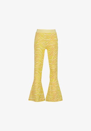 Gule viddebukser med et bølget mønster i pink og orange striber samt en bred elastisk talje.