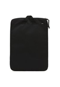 Schwarze Laptoptasche aus strapazierfähigem Stoff, mit flacher rechteckiger Form, Obergriff und einem Reißverschluss an einer Seite für besseren Zugang.