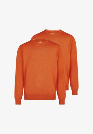 To identiske orange crewneck-trøjer med lange ærmer, ribstrikkede manchetter og kant, vist mod en hvid baggrund.