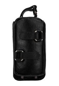 Černá kožená kapsa na příslušenství obdélníkového tvaru, s kovovými stříbrnými přezkami a horním uchem. Hladký povrch a minimalistický design.