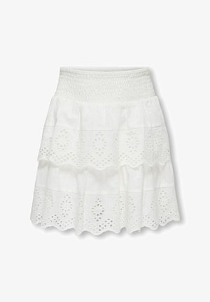 Witte gelaagde rok met elastische tailleband en gebloemde eyelet kant uitsnijdingen op de onderste lagen.