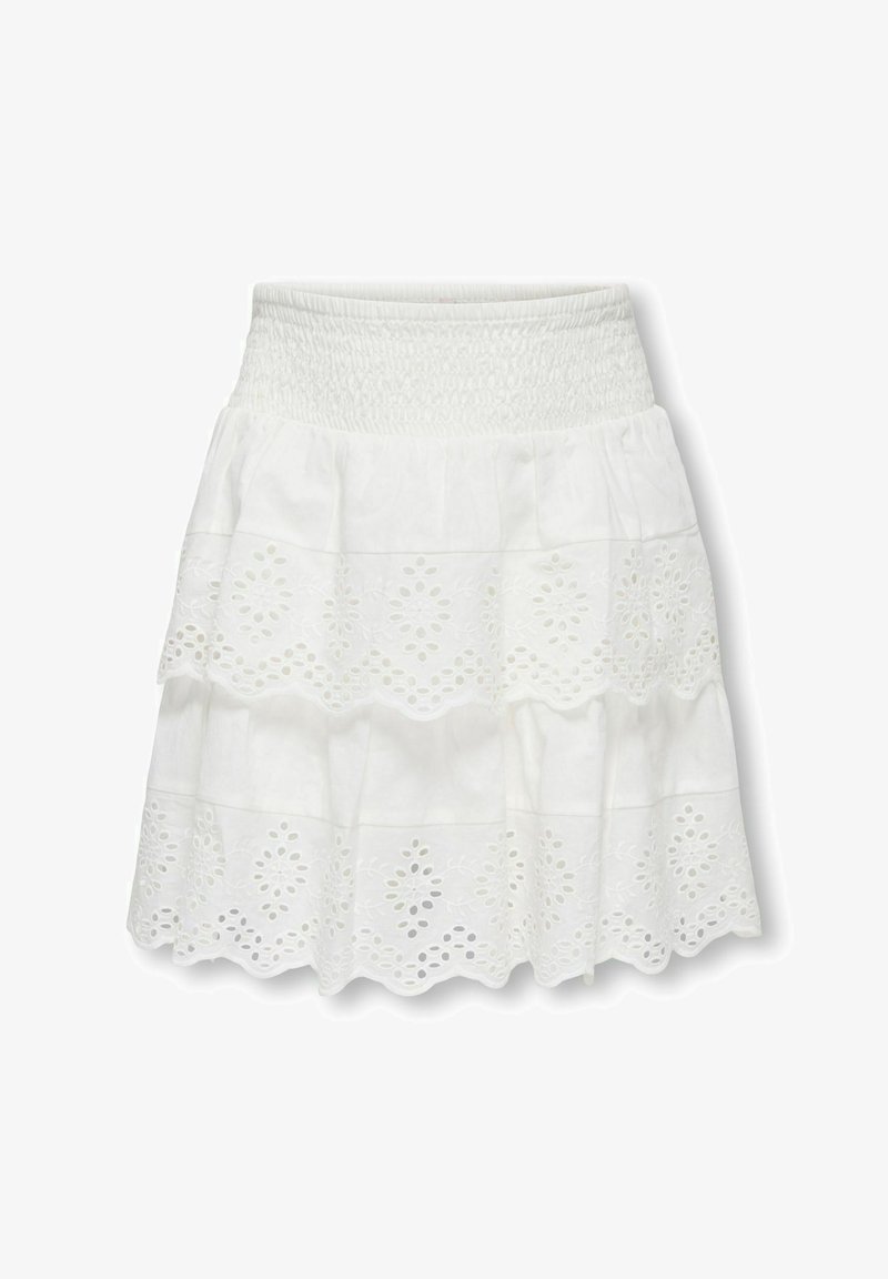 Jupe blanche à volants avec taille élastique et motifs floraux en dentelle ajourée sur les couches inférieures.