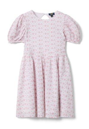 Witte jurk met korte mouwen met roze bloemenpatroon, opgepofte mouwen, een geplooide taille en een keyhole-knopsluiting aan de achterkant van de halslijn.