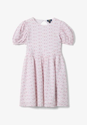 Weißes kurzärmeliges Kleid mit pinkem Blumenmuster, Puffärmeln, gesammelter Taille und Knopfverschluss am Rückenausschnitt.
