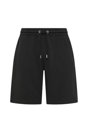 Shorts con vita elastica nera, coulisse regolabile con terminali metallici, lunghezza a metà coscia, design semplice.