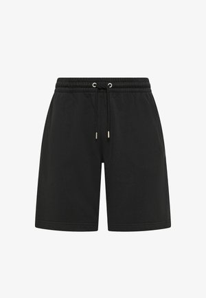 Shorts con vita elastica nera, coulisse regolabile con terminali metallici, lunghezza a metà coscia, design semplice.