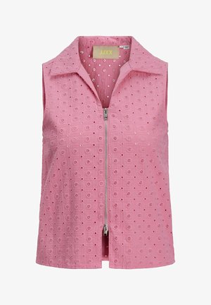 Rózsaszín, ujjatlan felső cipzáros zárással, virágos lyukmintával és galléros kialakítással. Texturált anyag, díszítésekkel a felületen.