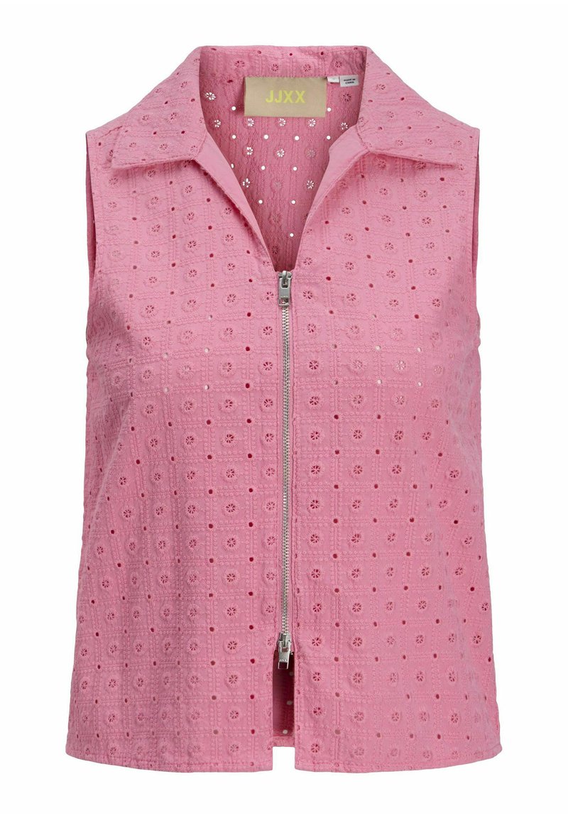 Ružičasta bezrukavna majica s patentnim zatvaračem, cvjetnim uzorkom s rupicama i ovratnikom. Teksturirana tkanina s ukrasima na površini.