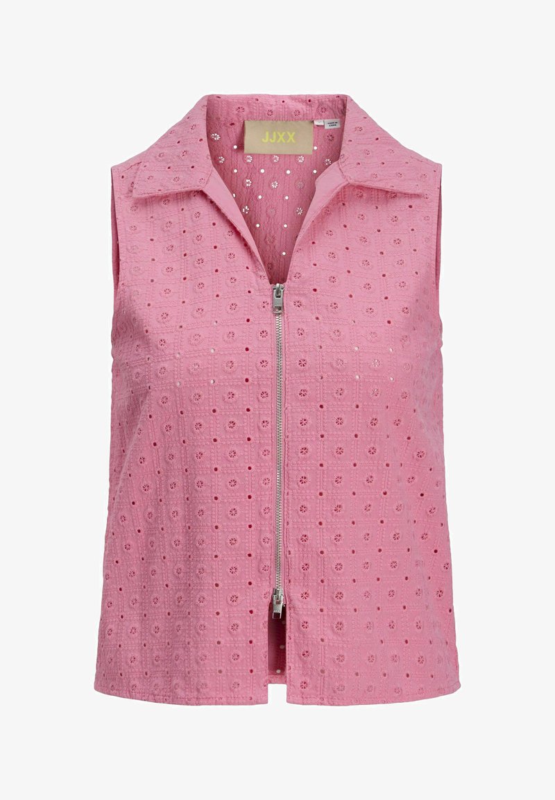 Ružičasta bezrukavna majica s patentnim zatvaračem, cvjetnim uzorkom s rupicama i ovratnikom. Teksturirana tkanina s ukrasima na površini.