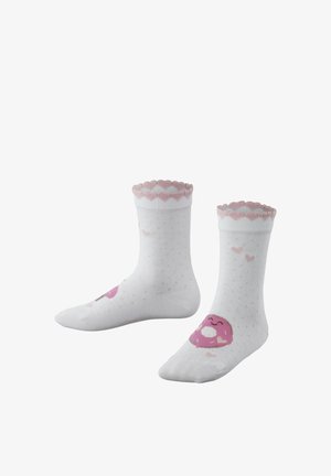 Weiße Kindersocken mit rosa gezackten Bündchen, kleinen Herzmustern und einem lächelnden rosa Donut-Design auf den Knöcheln.