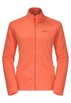 Koralowa, pomarańczowa bluza polarowa na zamek błyskawiczny z kołnierzem typu stójka, dwiema bocznymi kieszeniami i małym logo "Jack Wolfskin" na lewym piersi.