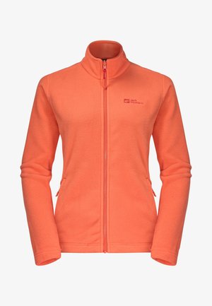 Koralowa, pomarańczowa bluza polarowa na zamek błyskawiczny z kołnierzem typu stójka, dwiema bocznymi kieszeniami i małym logo "Jack Wolfskin" na lewym piersi.