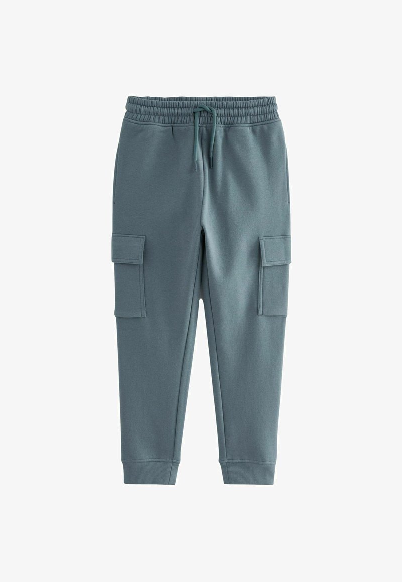 Lichtblauwe jogger-stijl broek gemaakt van zacht materiaal, voorzien van een elastische tailleband met koord en twee zij cargozakken.