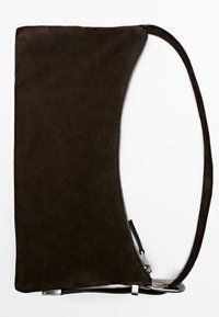 Brown suede shoulder bag with a diagonal zipper, sleek shape, and adjustable strap; features silver hardware and a textured surface.