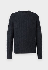 Camisola de malha azul-marinho escura com padrão de trança texturizado, decote redondo e barras acanaladas nas bainhas e punhos. Tecido macio, mangas compridas.