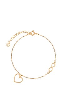 Złoty bransoletka z symbolem nieskończoności i charmsami w kształcie serca, z delikatnym łańcuchem i regulowanym zapięciem dla idealnego dopasowania.